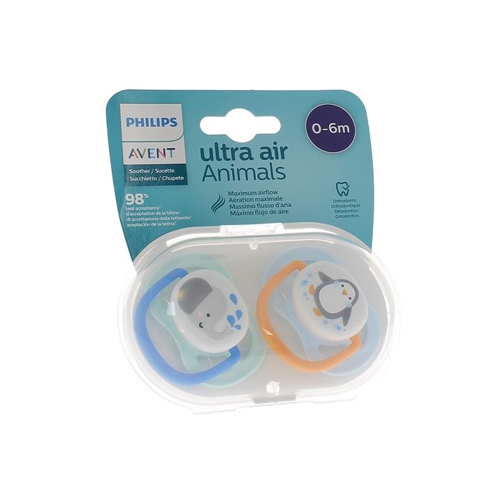 Sucettes Avent classic 0 &agrave; 6 mois Animals - lot de 2 sucettes