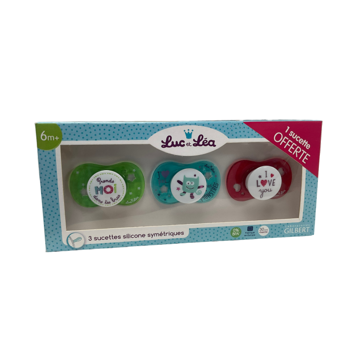 Sucettes silicone sym&eacute;triques 6 m+ Luc et L&eacute;a - 3 sucettes dont 1 offerte