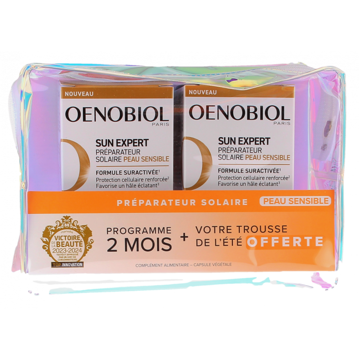 Sun Expert pr&eacute;parateur solaire peau sensible Oenobiol - 2 pots de 30 capsules + trousse offerte