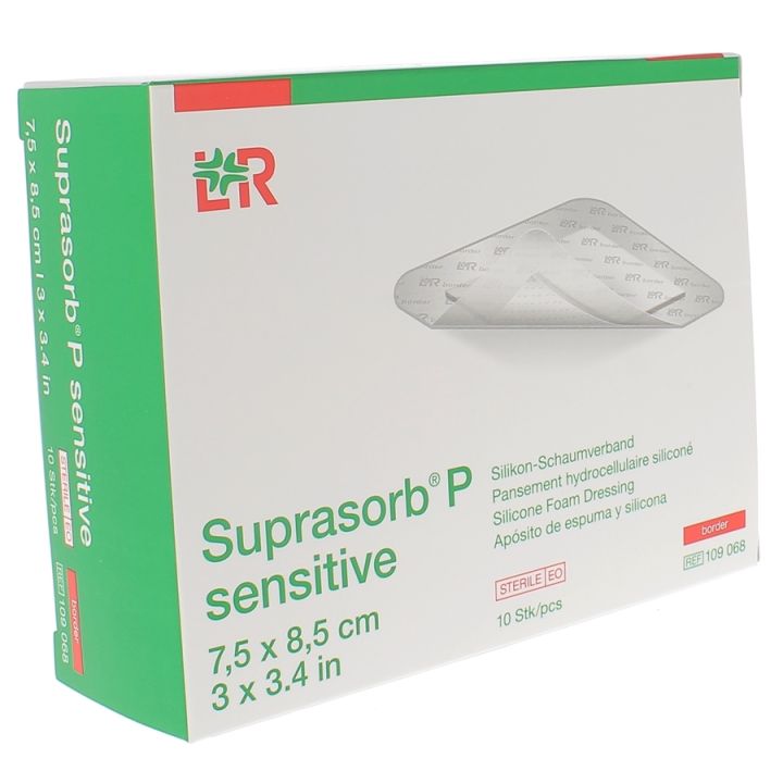 Suprasorb P sensitive border Pansement hydrocellulaire silicon&eacute; Lohmann & Rauscher - 10 unit&eacute;s de 7,5cm x 8,5cm