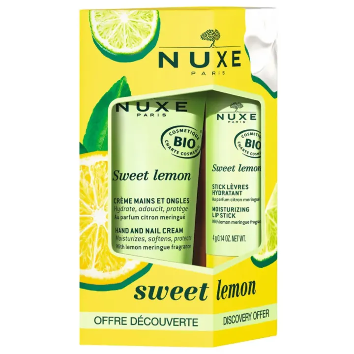 Sweet Lemon cr&egrave;me mains et ongles bio + stick &agrave; l&egrave;vres hydratant bio Nuxe - lot de 2 produits