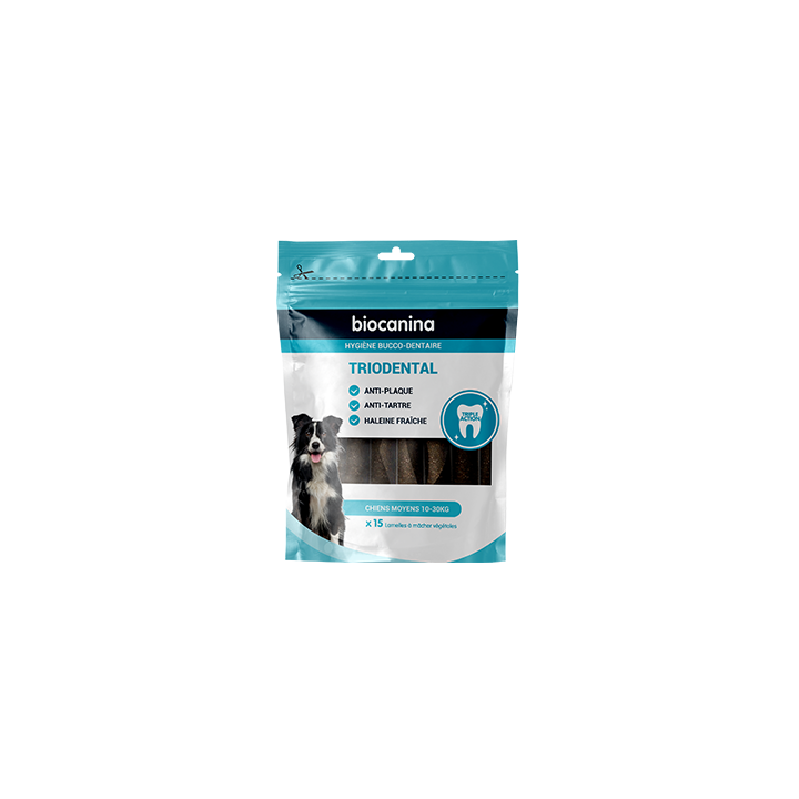 Triodental lamelle &agrave; m&acirc;cher chiens moyens 10-30kg Biocanina - sachet de 15 lamelles &agrave; m&acirc;cher v&eacute;g&eacute;tales