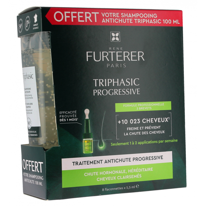 Triphasic Progressive anti-chute Ren&eacute; Furterer - boite de 8 flaconnettes + shampooing 100ml offert