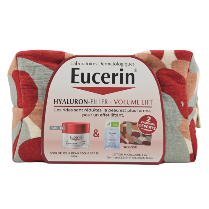 Trousse Hyaluron-Filler + volume lift soin de jour peaux s&egrave;ches Eucerin - pot de 50ml + DermatoCLEAN 100ml et trousse offerte