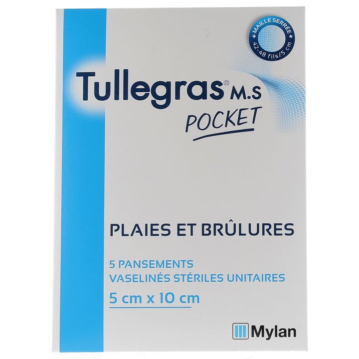 Tullegras M.S plaies et br&ucirc;lures pocket 5x10cm Mylan - bo&icirc;te de 5 pansements