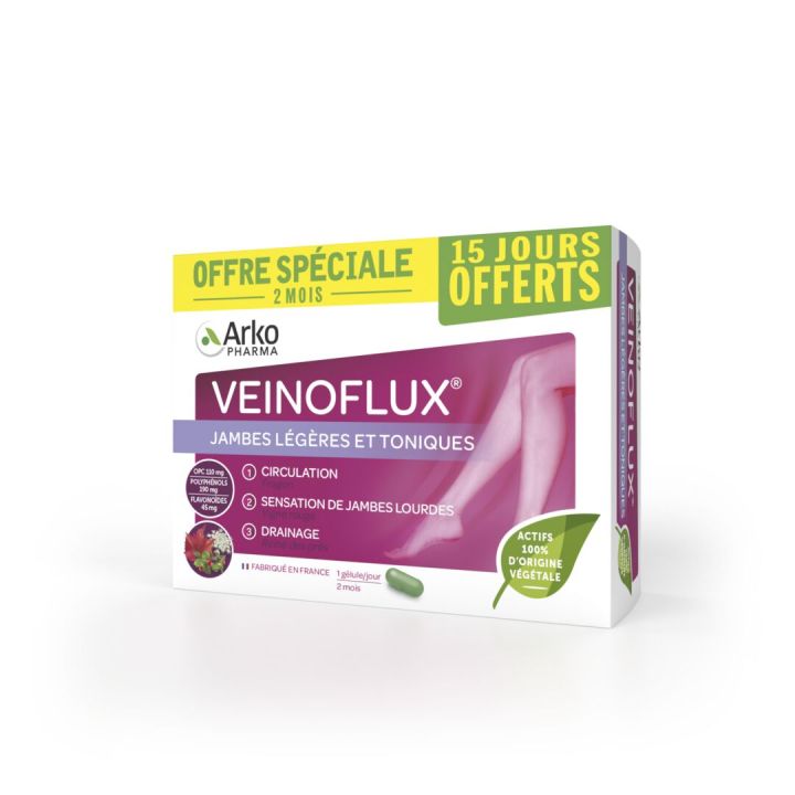 Veinoflux Jambes l&eacute;g&egrave;res et toniques Arkopharma - bo&icirc;te de 60 g&eacute;lules - offre sp&eacute;ciale 15 jours offerts