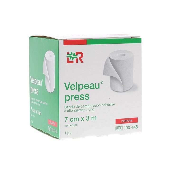 Velpeau Press Bande de compression coh&eacute;sive &agrave; allongement long - bo&icirc;te d'une bande blanche de 7x3cm