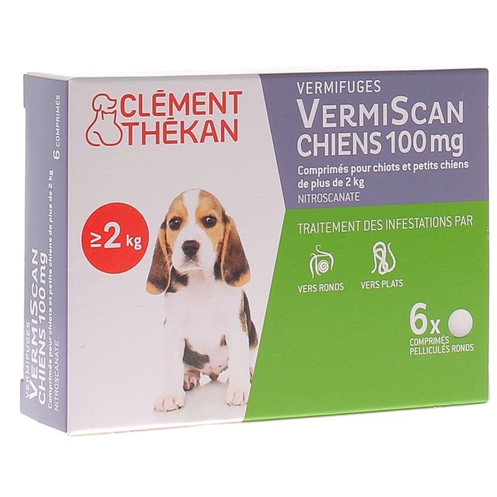 VermiScan chiens 100 mg Cl&eacute;ment th&eacute;kan - 6 comprim&eacute;s pellicul&eacute;s ronds