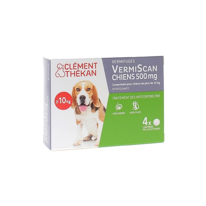 VermiScan chiens 500 mg Cl&eacute;ment th&eacute;kan - 4 comprim&eacute;s pellicul&eacute;s ronds