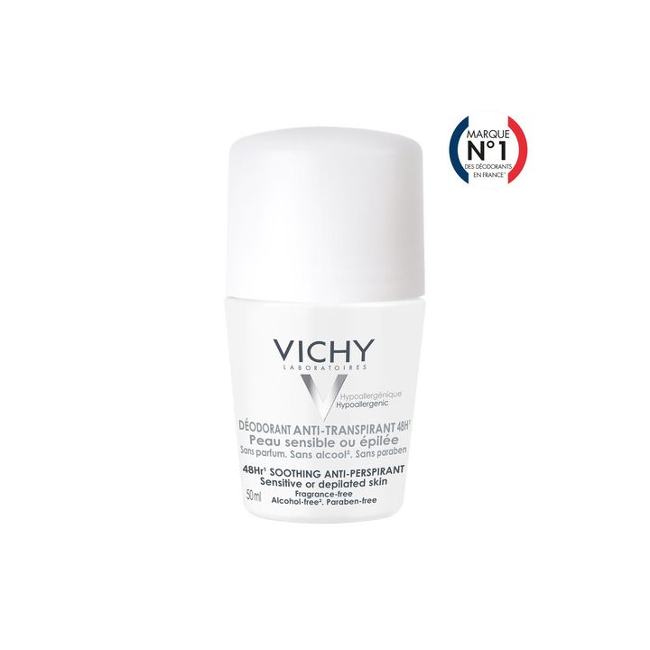 D&eacute;odorant anti-transpirant 48h peau sensible ou &eacute;pil&eacute;e Vichy - Roll-on bille de 50 ml
