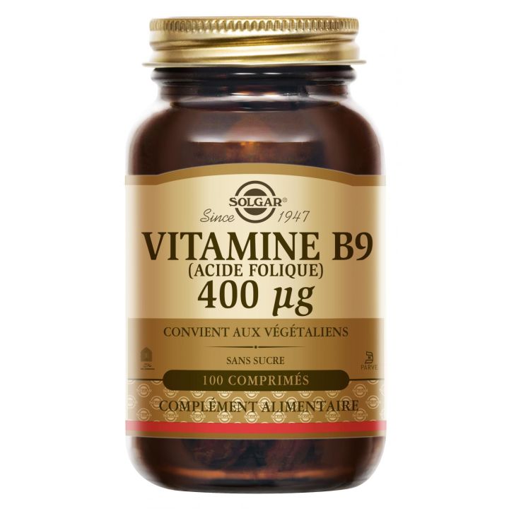 Vitamine B9 (acide folique) 400 ug Solgar - Flacon de 100 comprim&eacute;s