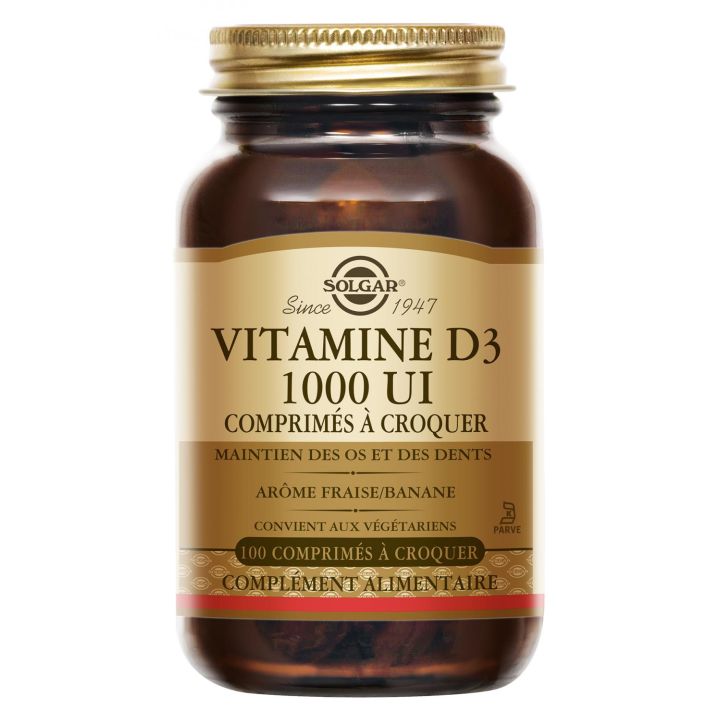 Vitamine D3 1000 UI Solgar - bo&icirc;te de 100 comprim&eacute;s &agrave; croquer