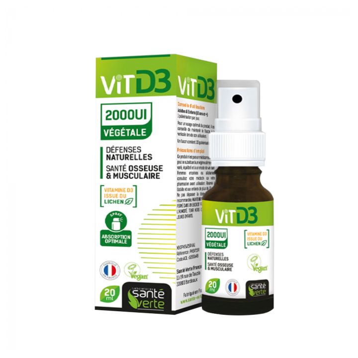 Vitamine D3 v&eacute;g&eacute;tale 2000 UI d&eacute;fenses naturelles Sant&eacute; Verte - spray de 20ml
