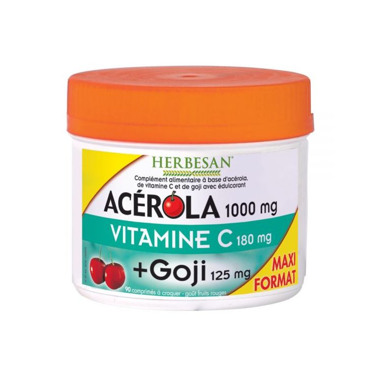 Ac&eacute;rola 1000 mg + vitamine C 180 mg + Goji 125 mg Herbesan - pot de 90 comprim&eacute;s &agrave; croquer