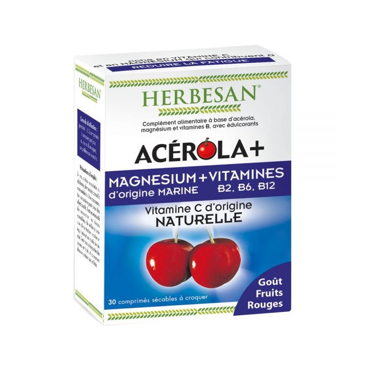 Ac&eacute;rola, magn&eacute;sium, vitamines Herbesan - boite de 30 comprim&eacute;s &agrave; croquer