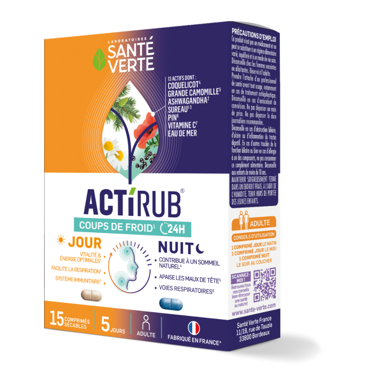 Actirub coups de froid 24h Sant&eacute; verte - boite de 15 comprim&eacute;s s&eacute;cables