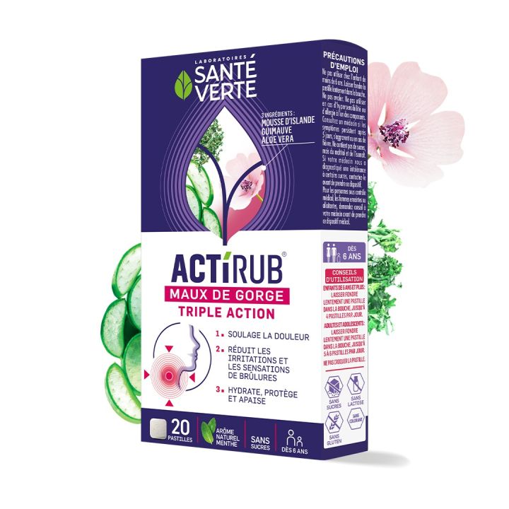 Actirub maux de gorge triple action Sant&eacute; Verte - boite de 20 pastilles 