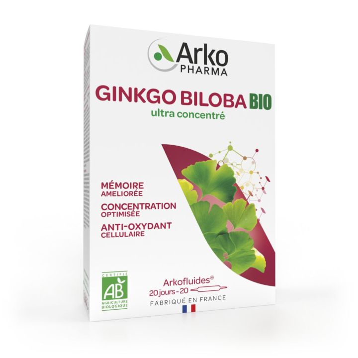 Arkofluides Ginkgo Biloba m&eacute;moire concentration bio Arkopharma - boite de 20 ampoules