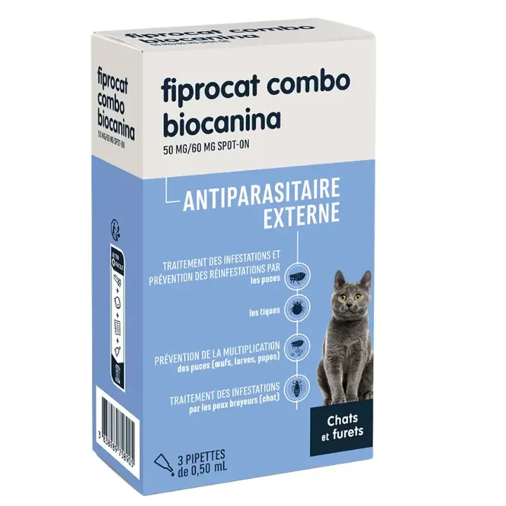 Fiprocat combo 50 mg/60 mg antiparasitaire externe chats et furets Biocanina - bo&icirc;te de 3 pipettes de 0,5ml
