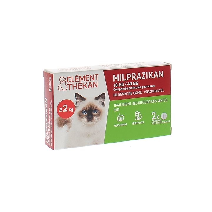Milprazikan 16 mg / 40 mg comprim&eacute; pellicul&eacute; pour chats Cl&eacute;ment Th&eacute;kan - boite de 2 comprim&eacute;s