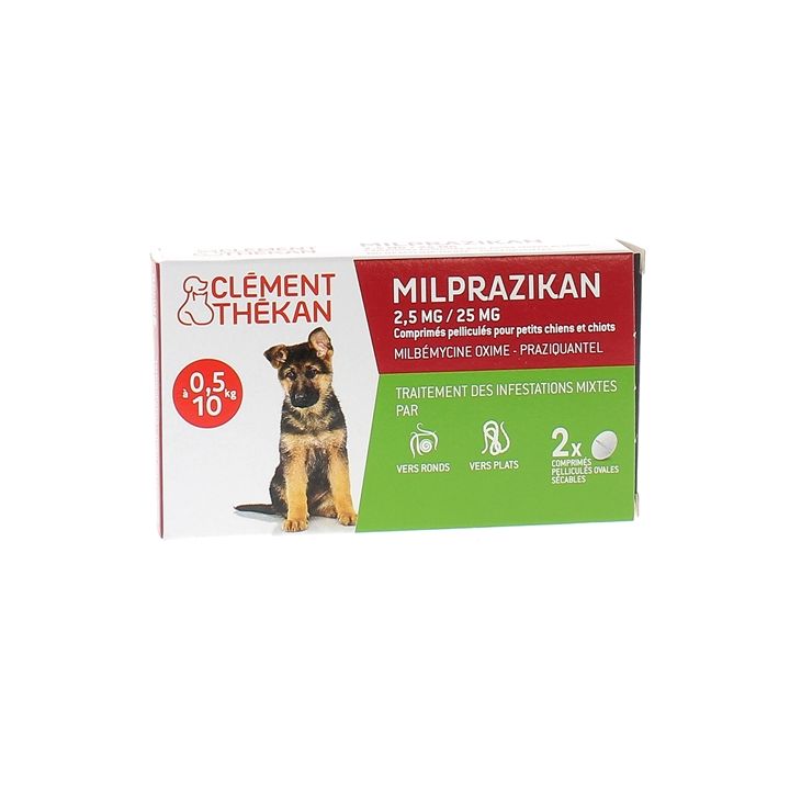 Milprazikan 2,5 mg / 25 mg comprim&eacute; pellicul&eacute; pour petits chiens Cl&eacute;ment Th&eacute;kan - boite de 2 comprim&eacute;s p&eacute;licul&eacute;s