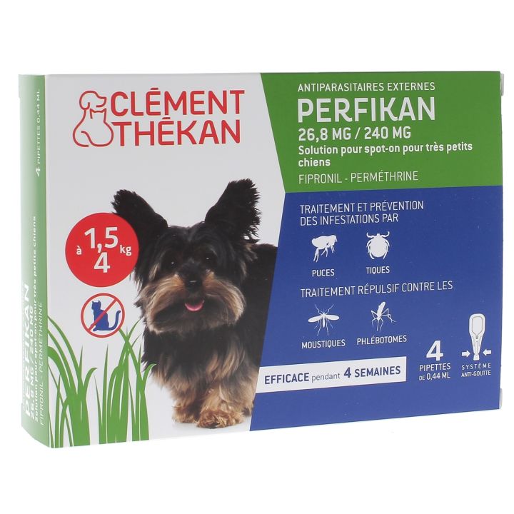 Perfikan 26,8 mg/240 mg pour tr&egrave;s petits chiens Cl&eacute;ment-Th&eacute;kan - 4 pipettes de 0,44 ml