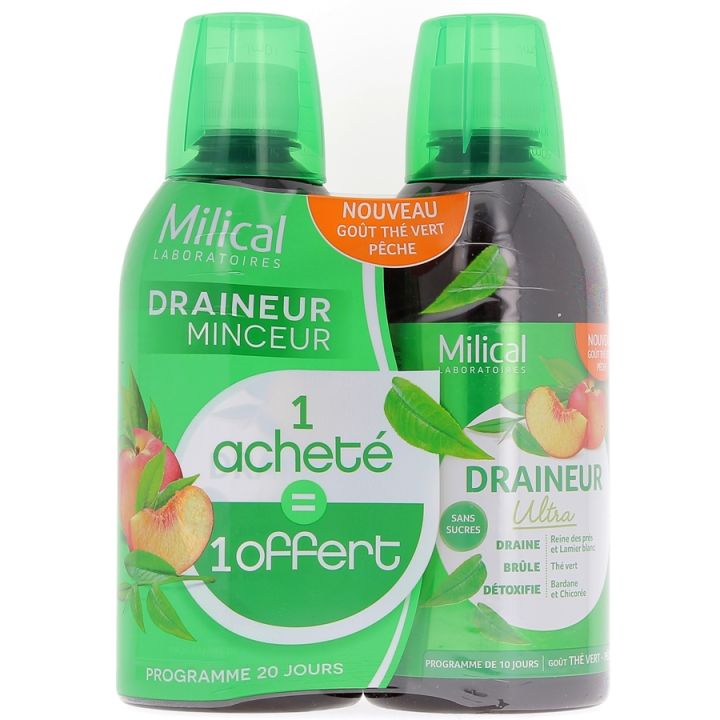 Draineur minceur p&ecirc;che Milical - Lot de 2 bouteilles de 500 ml