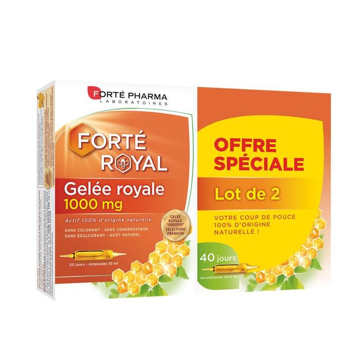Gel&eacute;e royale 1000 mg Fort&eacute; pharma - 2 bo&icirc;tes de 20 ampoules de 10 ml
