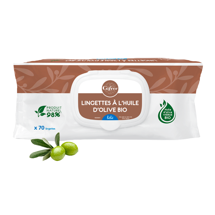 Lingettes nettoyantes &agrave; l'huile d'olive vierge Gifrer - paquet de 70 lingettes