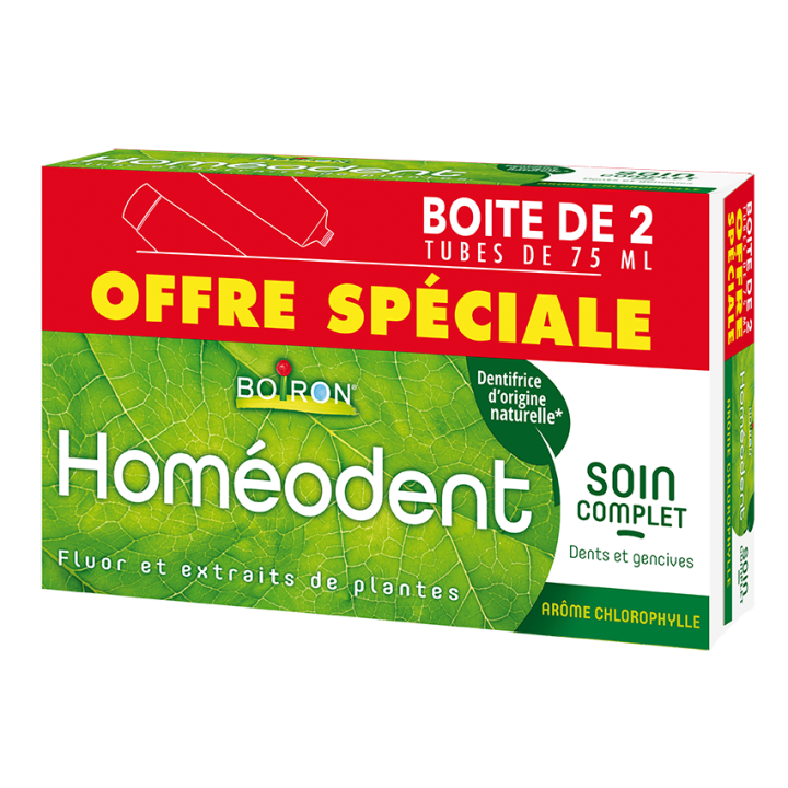 Dentifrice soin complet dents et gencives ar&ocirc;me chlorophylle Hom&eacute;odent Boiron - lot de 2 x 75 ml