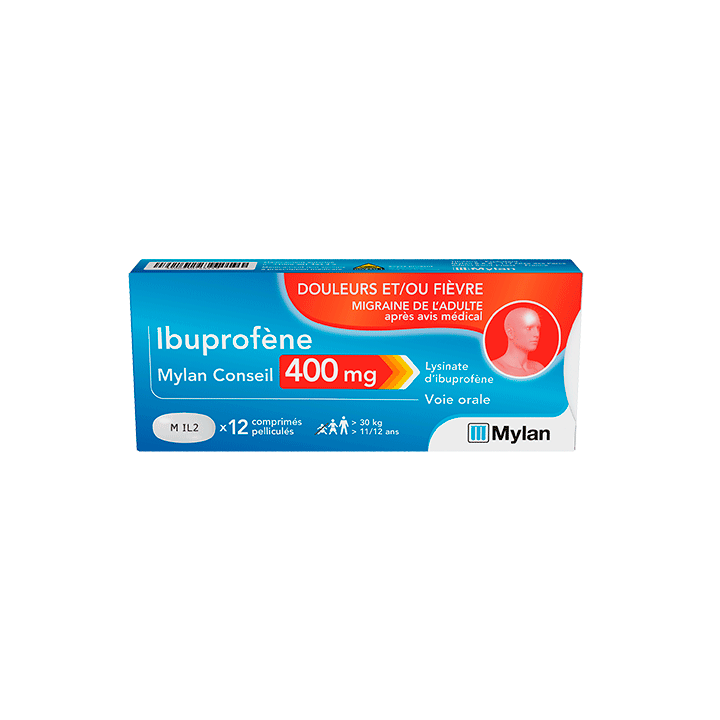 Ibuprof&egrave;ne 400 mg Mylan comprim&eacute; pellicul&eacute; - boite de 12 comprim&eacute;s