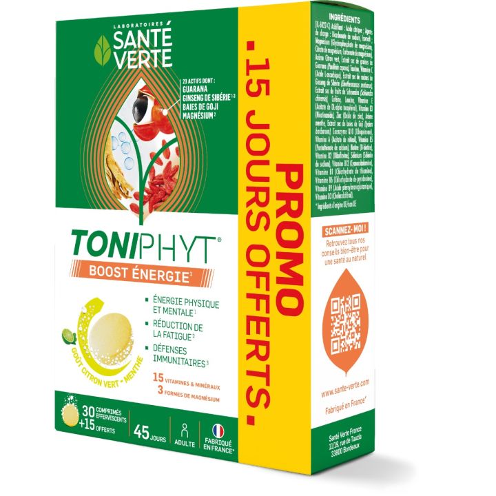 Toniphyt boost go&ucirc;t citron vert menthe Sant&eacute; verte - 30 comprim&eacute;s effervescents + 15 gratuits