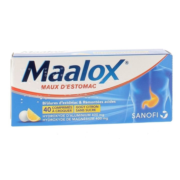 Maalox maux d'estomac comprim&eacute;s citron sans sucres &agrave; croquer - bo&icirc;te de 40 comprim&eacute;s