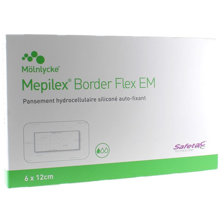 Mepilex Border Flex EM pansement hydrocellulaire silicon&eacute; extra mince 6x12cm M&ouml;lnlycke - bo&icirc;te de 10 pansements