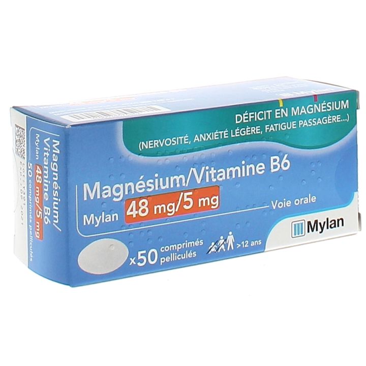 Magnesium Vitamine B6 Mylan 48mg/5mg - 50 comprim&eacute;s pellicul&eacute;s