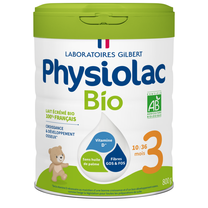 Lait en poudre bio 3&egrave;me &acirc;ge croissance 10 mois &agrave; 3 ans Physiolac - pot de 800 g