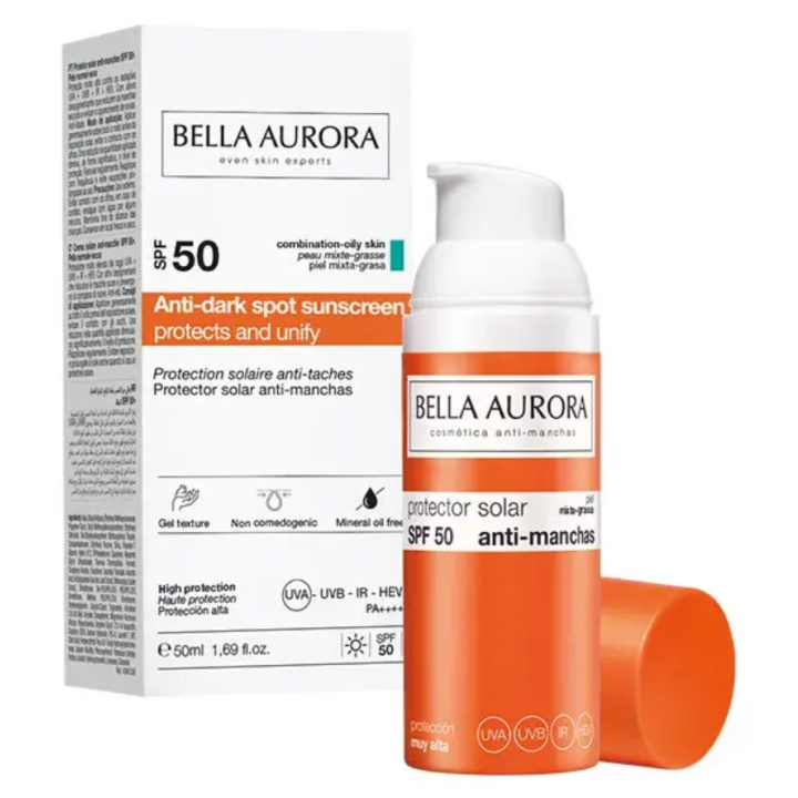 Cr&egrave;me solaire anti-taches SPF50 Bella Aurora - flacon-pompe de 50ml