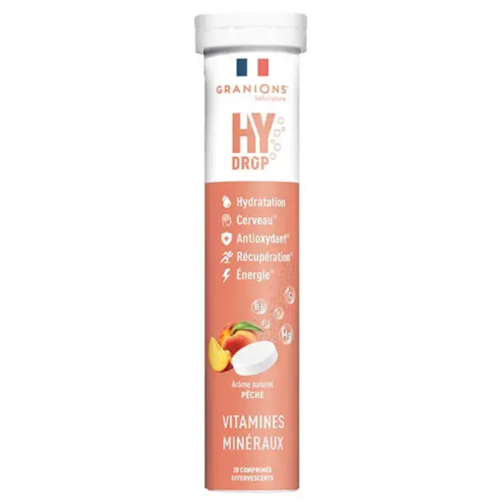 Hydrop solution d'hydratation ar&ocirc;me p&ecirc;che Granions - tube de 20 comprim&eacute;s effervescents 