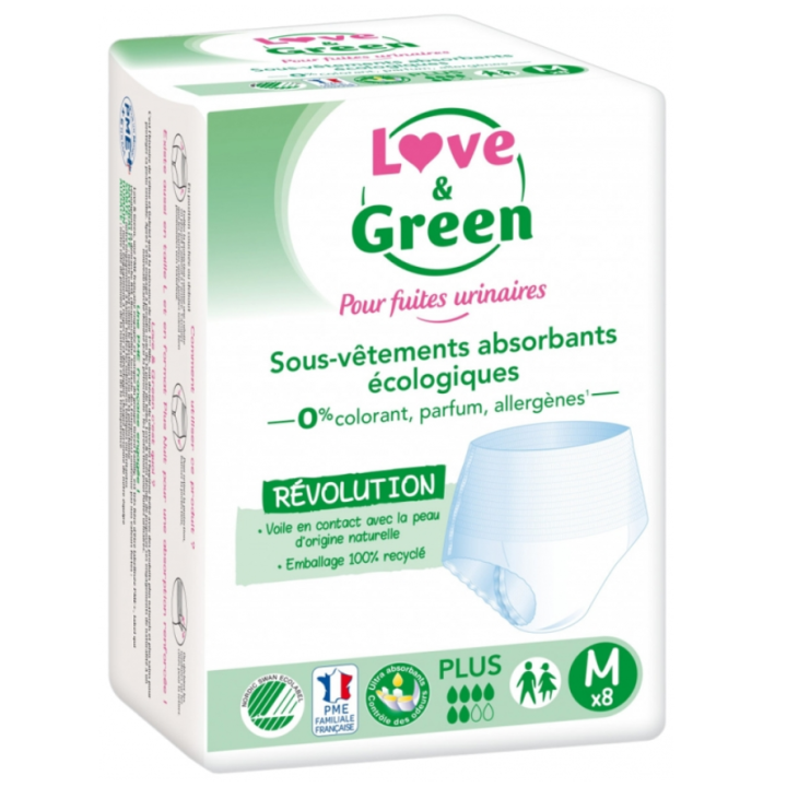 Sous-v&ecirc;tements absorbants fuites urinaires &eacute;cologiques Love&Green - 8 protections