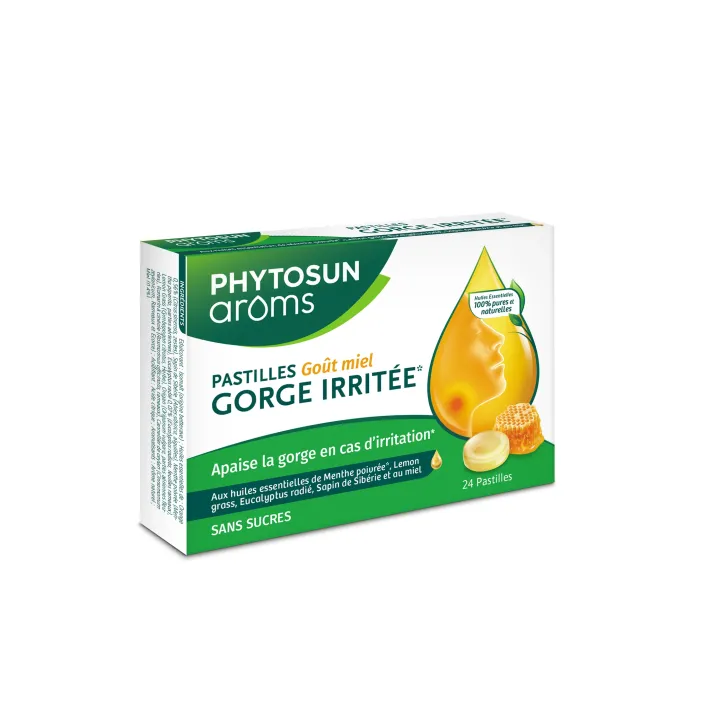 Pastille sans sucres gorge ar&ocirc;me miel Phytosun ar&ocirc;ms - boite de 24 pastilles