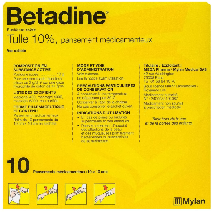 Betadine tulle 10% pansement m&eacute;dicamenteux - bo&icirc;te de 10 pansements