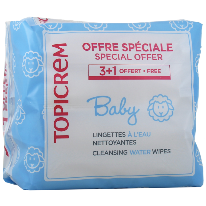 Lingettes nettoyantes &agrave; l'eau baby Topicrem - lot de 4x60 lingettes (offre sp&eacute;ciale 3+1 offert)