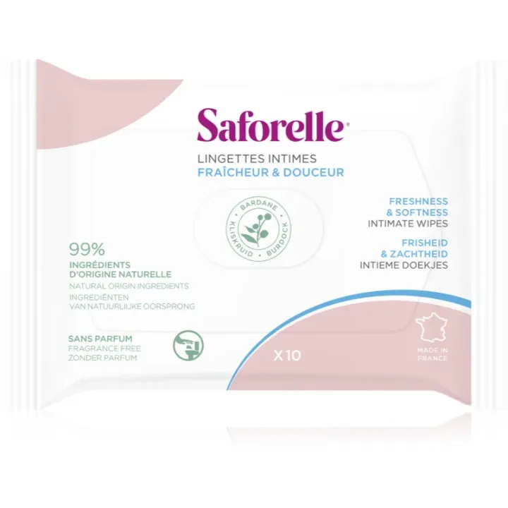 Lingettes intimes fra&icirc;cheur et douceur Saforelle - sachet de 10 lingettes