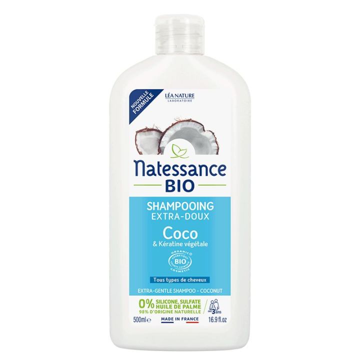 Shampooing extra-doux bio coco et k&eacute;ratine v&eacute;g&eacute;tale Natessance - flacon de 500ml