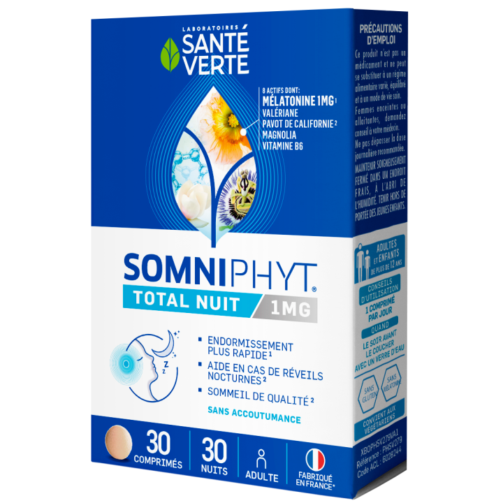 Somniphyt 30' m&eacute;latonine trouble du sommeil Sant&eacute; verte - 30 comprim&eacute;s