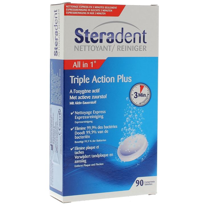 Steradent triple action plus comprim&eacute;s nettoyants - boite de 90 comprim&eacute;s
