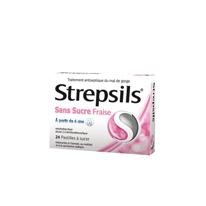 Strepsils Fraise sans sucre pastille &agrave; sucer - boite de 24 pastilles
