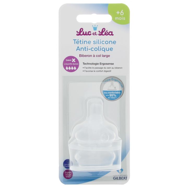 T&eacute;tines silicone anti-colique 6mois + d&eacute;bit liquide &eacute;pais Luc et L&eacute;a - 2 t&eacute;tines