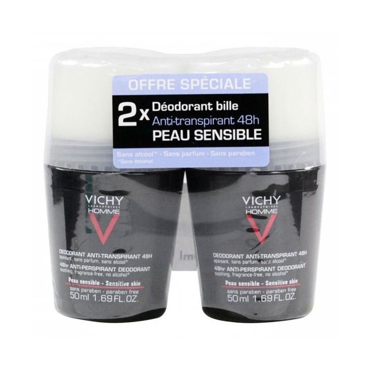 D&eacute;odorant anti-transpirant 48h peau sensible Vichy homme - 2 flacons bille de 50 ml