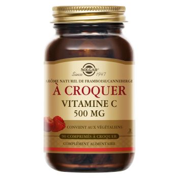 Vitamine C 500 go&ucirc;t framboise/cranberry Solgar - pot de 90 comprim&eacute;s &agrave; croquer